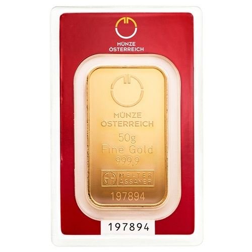 50 g Goldbarren Münze Österreich Blisterverpackung