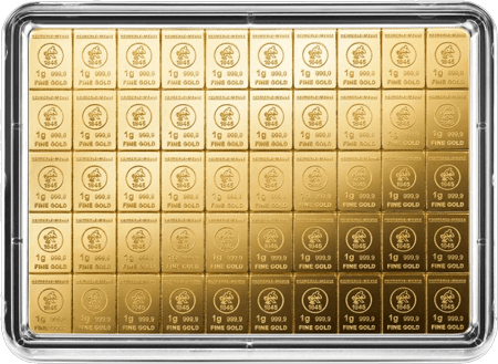 Vorderseite Goldbarren 50 x 1 Gramm in Blisterkarte, der Hersteller Heimerle & Meule