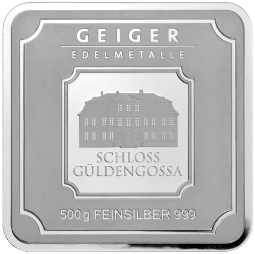 Vorderseite des 500 g Silberbarren Geiger original von Hersteller Geiger Edelmetalle AG