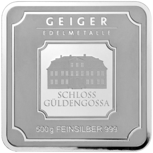 Vorderseite des 500 g Silberbarren Geiger original von Hersteller Geiger Edelmetalle AG