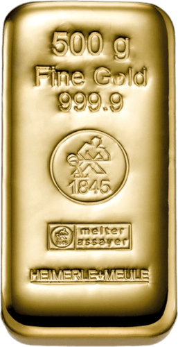 Vorderseite Goldbarren 500 Gramm, der Hersteller Heimerle & Meule