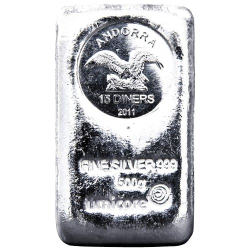 Der 500g Umicore Silber Münzbarren mit Andorra-Münzemblem |  500 Gramm Umicore Silber-Münzbarren mit Andorra-Münzemblem