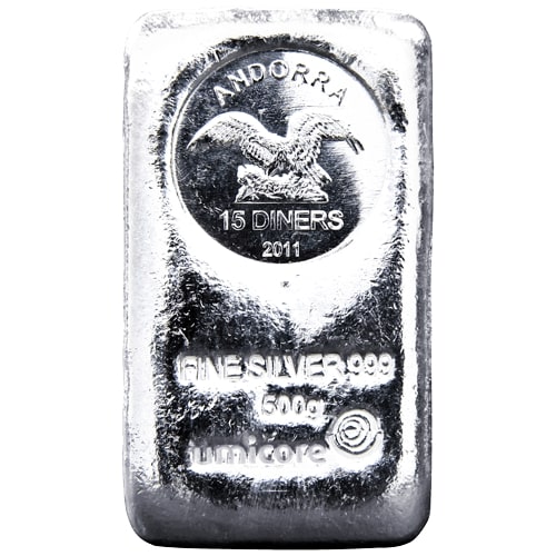 Der 500g Umicore Silber Münzbarren mit Andorra-Münzemblem | 500 Gramm Umicore Silber-Münzbarren mit Andorra-Münzemblem