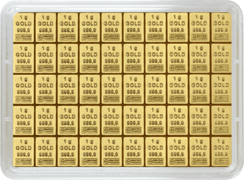 Vorderseite Goldbarren Combibar Goldtafel 50x1 Gramm in spezieller Blisterkarte mit Zertifikat