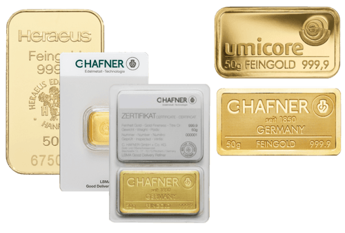 Goldbarren 50 Gramm von Umicore oder Heraeus | 50g Goldbarren  von Umicore oder Heraeus