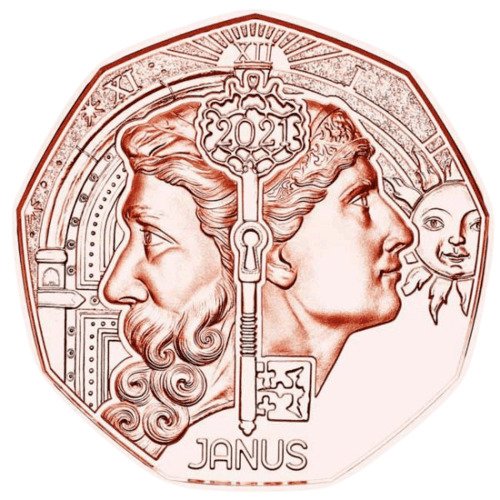 Vorderseite 8,9 g Kupfer Neujahrsmünze Janus 2021, von dem Hersteller Münze Österreich