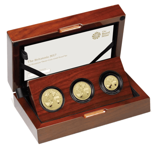 3-teiliges Set aus den Größen zu 1/2 Unze, 1/4 Unze und 1/10 Unze Goldmünzen Britannia 2017 Proof-Qualität im Etui, der Hersteller Royal Mint