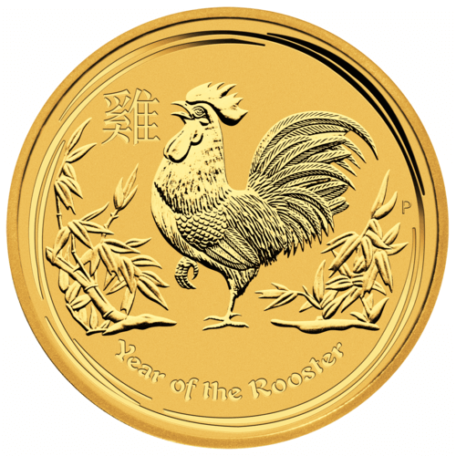 Vorderseite Goldmünze 1 Kilogramm Lunar II Hahn 2017, der Hersteller Perth Mint Australia