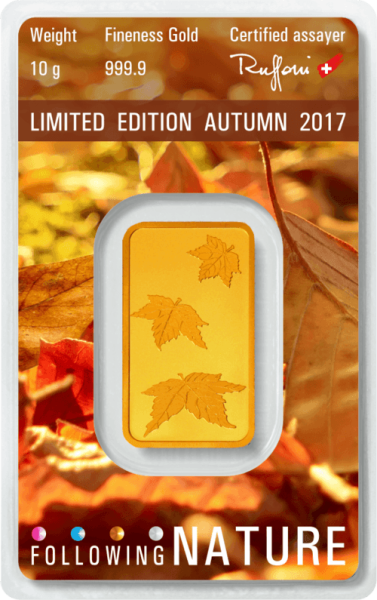 10 g Goldbarren Heraeus Following Nature 2017 Herbst