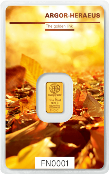 Vorderseite Goldbarren Following Nature Limited Edition Autumn 2017 1 Gramm, der Hersteller Argor-Heraeus
