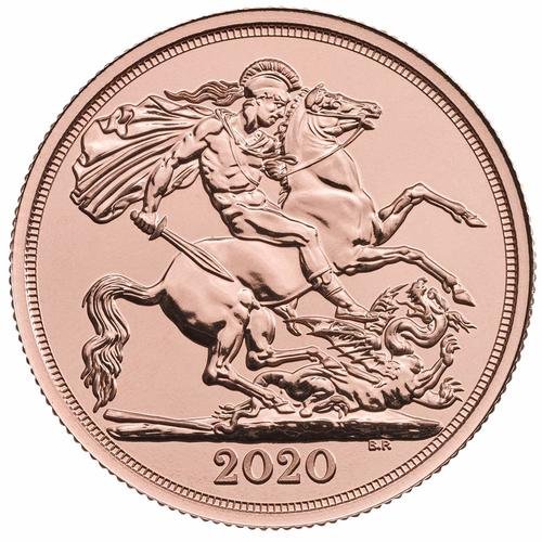 Vorderseite Goldmünze 14,64 Gramm 2 Pfund Double Sovereign 2020, der Hersteller Royal Mint