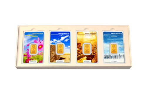 4-teilige Sammelbox Goldbarren 2 Gramm Following Nature 2017/18 in spezieller Blisterkarte mit Zertifikat im Etui, der Hersteller Argor-Heraeus