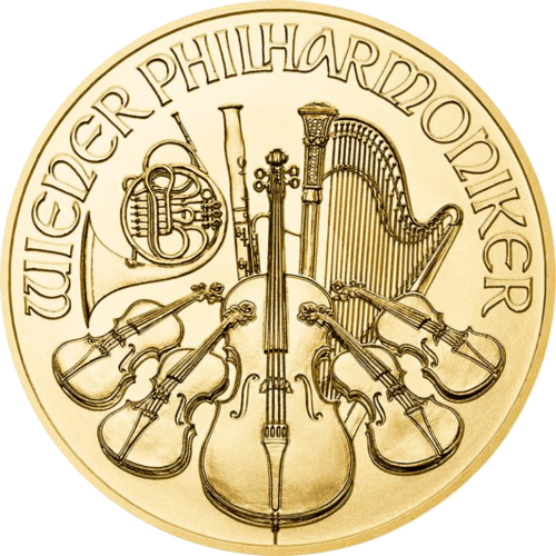 Vorderseite Goldmünze 1/10 Unze Wiener Philharmoniker 2022, der Hersteller Münze Österreich