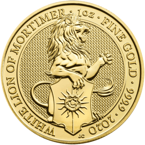 Vorderseite Goldmünze 1 Unze The Queen´s Beasts - White Lion of Mortimer 2020, der Hersteller Royal Mint