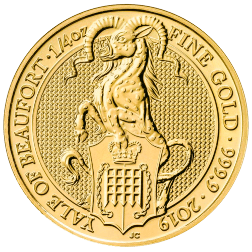Vorderseite Goldmünze 1/4 Unze The Queen´s Beasts - Yale of Beaufort 2019, der Hersteller Royal Mint
