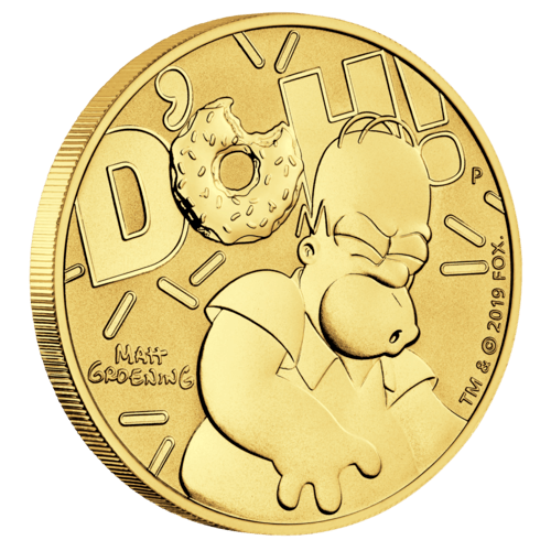 Seitenansicht Vorderseite Goldmünze The Simpsons Homer Simpson 2020 1 Unze, der Hersteller Perth Mint