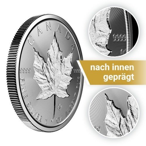 Seiten und Detailansicht der 1 Unze Silber Maple Leaf Incuse 2018 von Hersteller Royal Canadian Mint