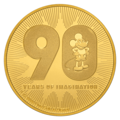 Vorderseite Goldmünze 1 Unze Disney Mickey Mouse 90. Geburtstag 2018, der Hersteller New Zealand Mint