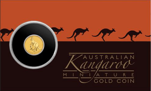 Vorderseite Goldmünze 0,5 Gramm Australien Mini Roo 2020 in spezieller Blisterkarte mit Zertifikat, der Hersteller Perth Mint Australia