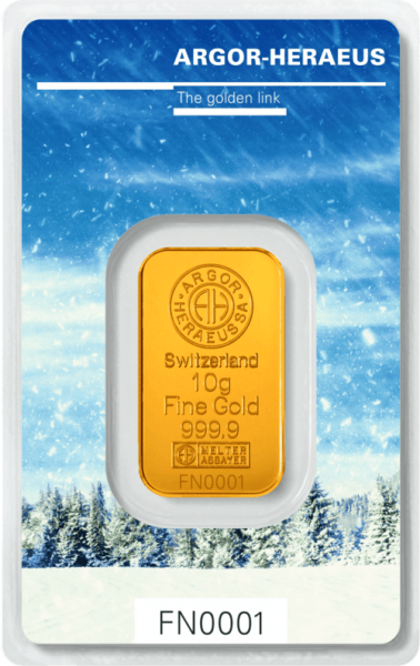 Vorderseite Goldbarren Following Nature Limited Edition Winter 2017/18 2 Gramm, der Hersteller Argor-Heraeus