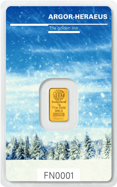 Vorderseite Goldbarren Following Nature Limited Edition Winter 2017/18 1 Gramm, der Hersteller Argor-Heraeus