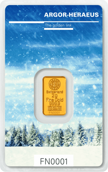 Vorderseite Goldbarren Following Nature Limited Edition Winter 2017/18 2 Gramm, der Hersteller Argor-Heraeus