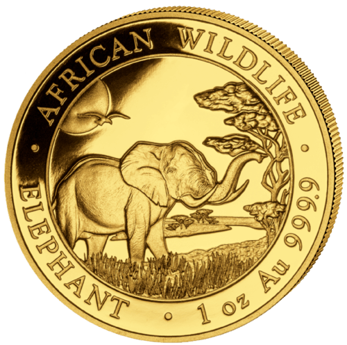 Vorderseite Goldmünze 1 Unze Somalia Elefant 2019, der Hersteller Bayerisches Hauptmünzamt