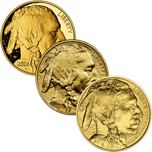 Vorderseite 3 Goldmünzen 1 Unze American Buffalo diverse Jahrgänge, der Hersteller United States Mint