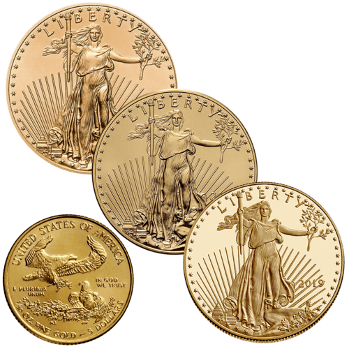 Vorderseite 3 Goldmünzen und Rückseite Goldmünze 1/10 Unze American Eagle diverse Jahrgänge, der Hersteller United States Mint