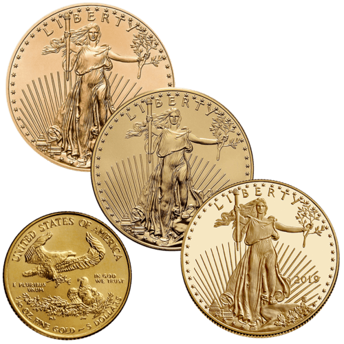 Vorderseite 3 Goldmünzen und Rückseite Goldmünze 1/10 Unze American Eagle diverse Jahrgänge, der Hersteller United States Mint