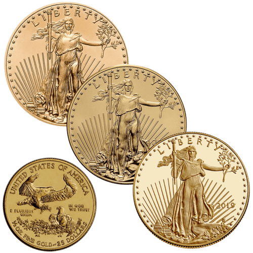 Vorderseite 3 Goldmünzen und Rückseite Goldmünze 1/2 Unze American Eagle diverse Jahrgänge, der Hersteller United States Mint