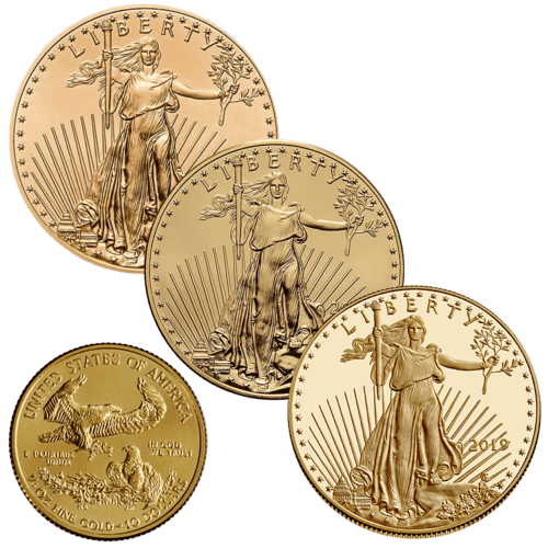 Vorderseite 3 Goldmünzen und Rückseite Goldmünze 1/4 Unze American Eagle diverse Jahrgänge, der Hersteller United States Mint