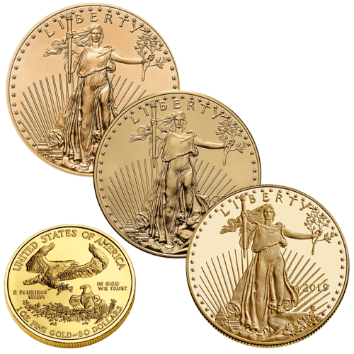 Vorderseite Goldmünze und Rückseite 3 Goldmünzen 1 Unze American Eagle diverse Jahrgänge, der Hersteller United States Mint