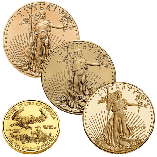 Vorderseite 3 Goldmünzen und Rückseite Goldmünze 1 Unze American Eagle diverse Jahrgänge, der Hersteller United States Mint