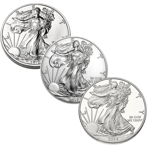 Rückseite und Rand der 1 Unze Silber American Eagle diverse Jahrgänge von Hersteller United States Mint