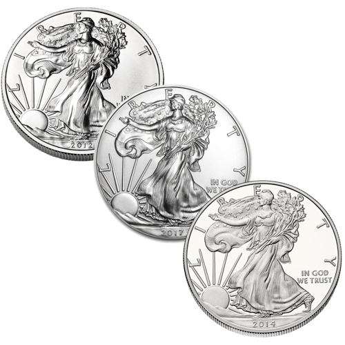 Rückseite und Rand der 1 Unze Silber American Eagle diverse Jahrgänge von Hersteller United States Mint