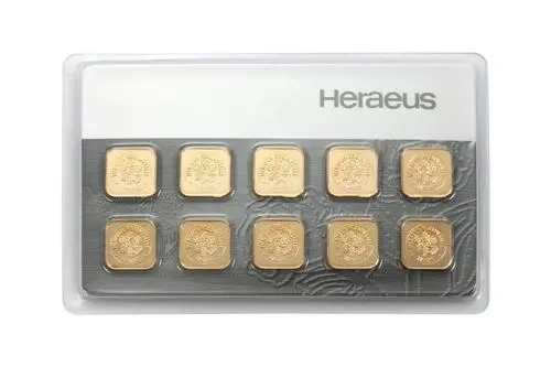 Vorderseite Goldbarren Multicard 10x1 Gramm in durchsichtigem Original Plastikblister eingeschweißt, der Hersteller Heraeus Vorderseite Goldbarren Multicard 10x1 Gramm in durchsichtigem Original Plastikblister eingeschweißt, der Hersteller Heraeus