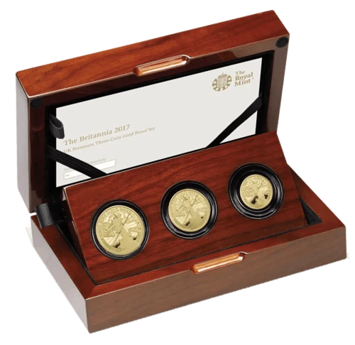 3-teiliges Set aus den Größen zu 1/2 Unze, 1/4 Unze und 1/10 Unze Goldmünzen Britannia 2017 Proof-Qualität im Etui, der Hersteller Royal Mint 3-teiliges Set aus den Größen zu 1/2 Unze, 1/4 Unze und 1/10 Unze Goldmünzen Britannia 2017 Proof-Qualität im Etui, der Hersteller Royal Mint