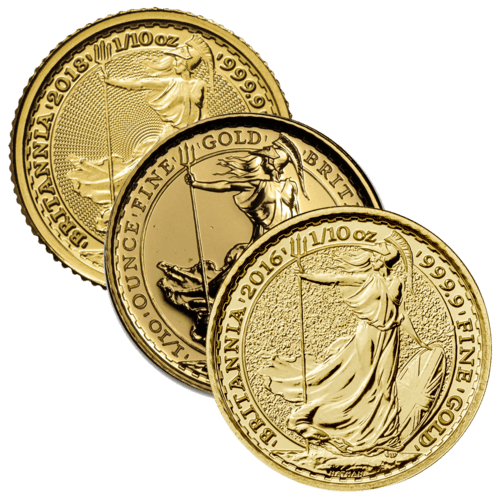 Vorderseite 3 Goldmünzen 1/10 Unze Britannia diverse Jahrgänge, der Hersteller Royal Mint