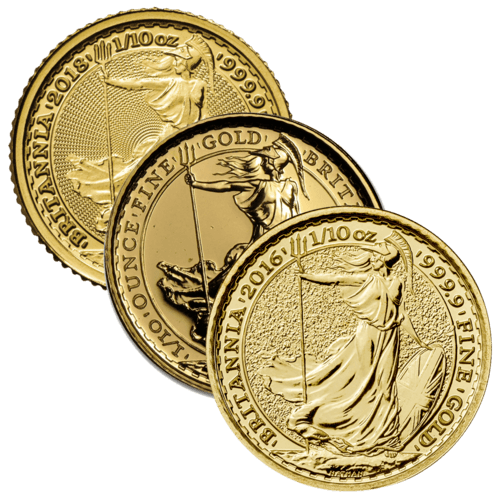 Vorderseite 3 Goldmünzen 1/10 Unze Britannia diverse Jahrgänge, der Hersteller Royal Mint