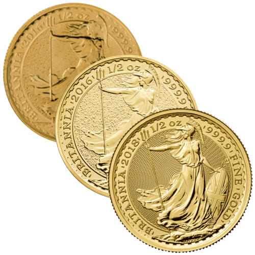 Vorderseite 3 Goldmünzen 1/2 Unze Britannia diverse Jahrgänge, der Hersteller Royal Mint