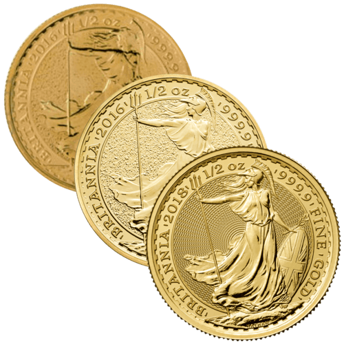 Vorderseite 3 Goldmünzen 1/2 Unze Britannia diverse Jahrgänge, der Hersteller Royal Mint