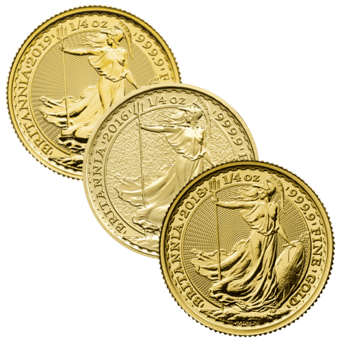 Vorderseite 3 Goldmünzen 1/4 Unze Britannia diverse Jahrgänge, der Hersteller Royal Mint