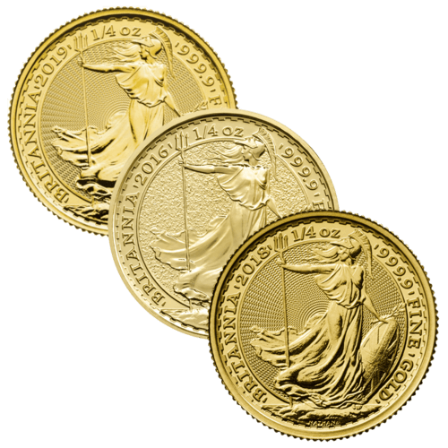 Vorderseite 3 Goldmünzen 1/4 Unze Britannia diverse Jahrgänge, der Hersteller Royal Mint