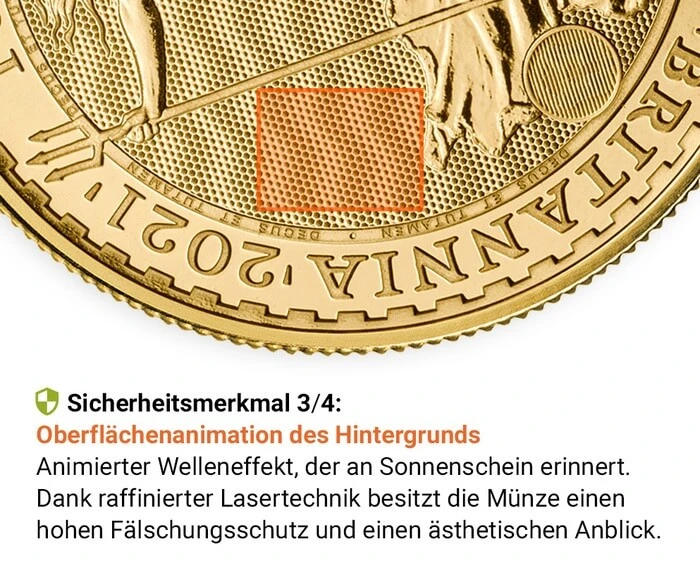 Goldmünze Britannia  Sicherheitsmerkmal: Oberflächenanimation des Hintergrunds