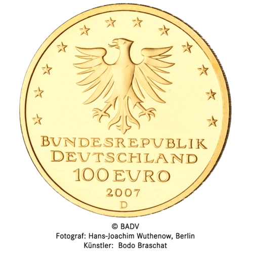 Rückseite Goldmünze 1/2 Unze 100 Euro Deutschland 2007 UNESCO Welterbe - Hansestadt Lübeck, der Hersteller Div. dt. Prägeanstalten