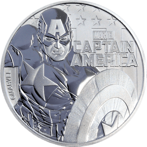 Vorderseite der 1 Unze Silber Marvel Captain America 2019 von Hersteller Perth Mint