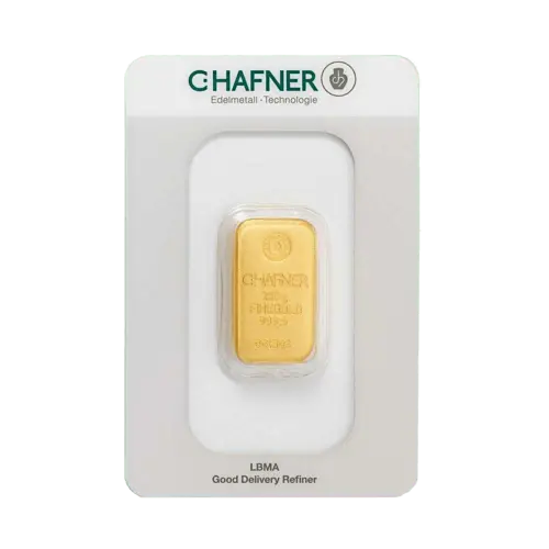 Vorderseite 250 Gramm Goldbarren Feingold 999,9 von C.HAFNER in Verpackung