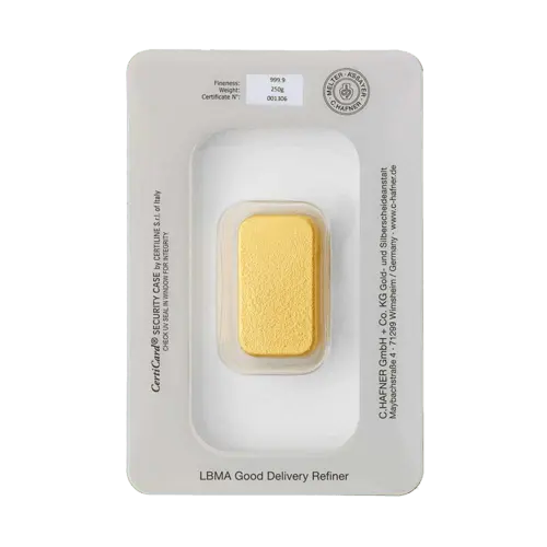 Rückseite 250 Gramm Goldbarren Feingold 999,9 von C.HAFNER in Verpackung