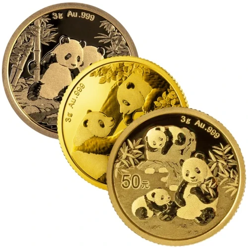 3 g Gold China Panda diverse Jahrgänge